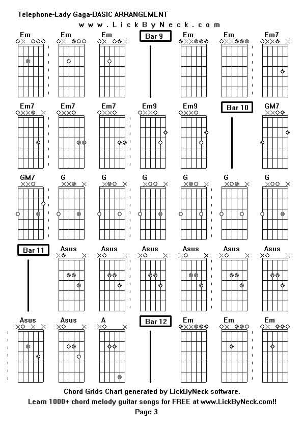 Chord Grids Chart of chord melody fingerstyle guitar song-Telephone-Lady Gaga-BASIC ARRANGEMENT,generated by LickByNeck software.